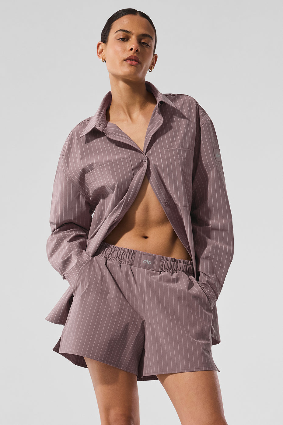 Pinstripe Daylight Button Down Long‑Sleeve — Mushroom/Ivory