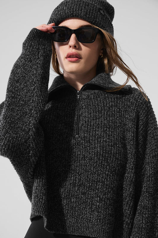 Marl Sweater 1/4 Zip Crew Sweatshirt — Black Marl