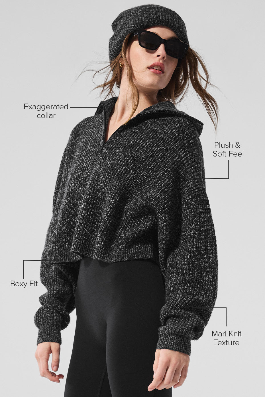 Marl Sweater 1/4 Zip Crew Sweatshirt — Black Marl