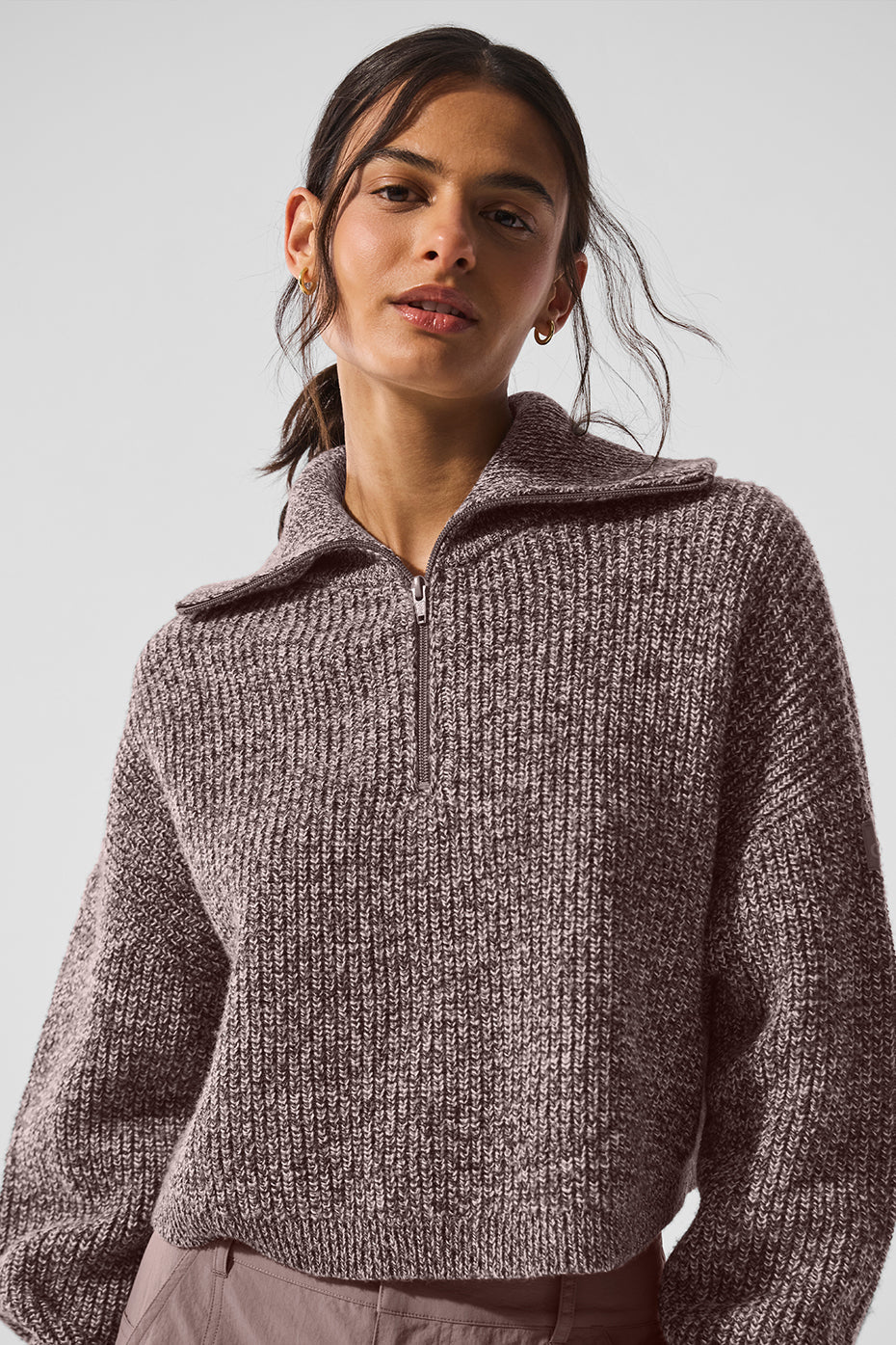 Marl Sweater 1/4 Zip Crew Sweatshirt — Mushroom Marl