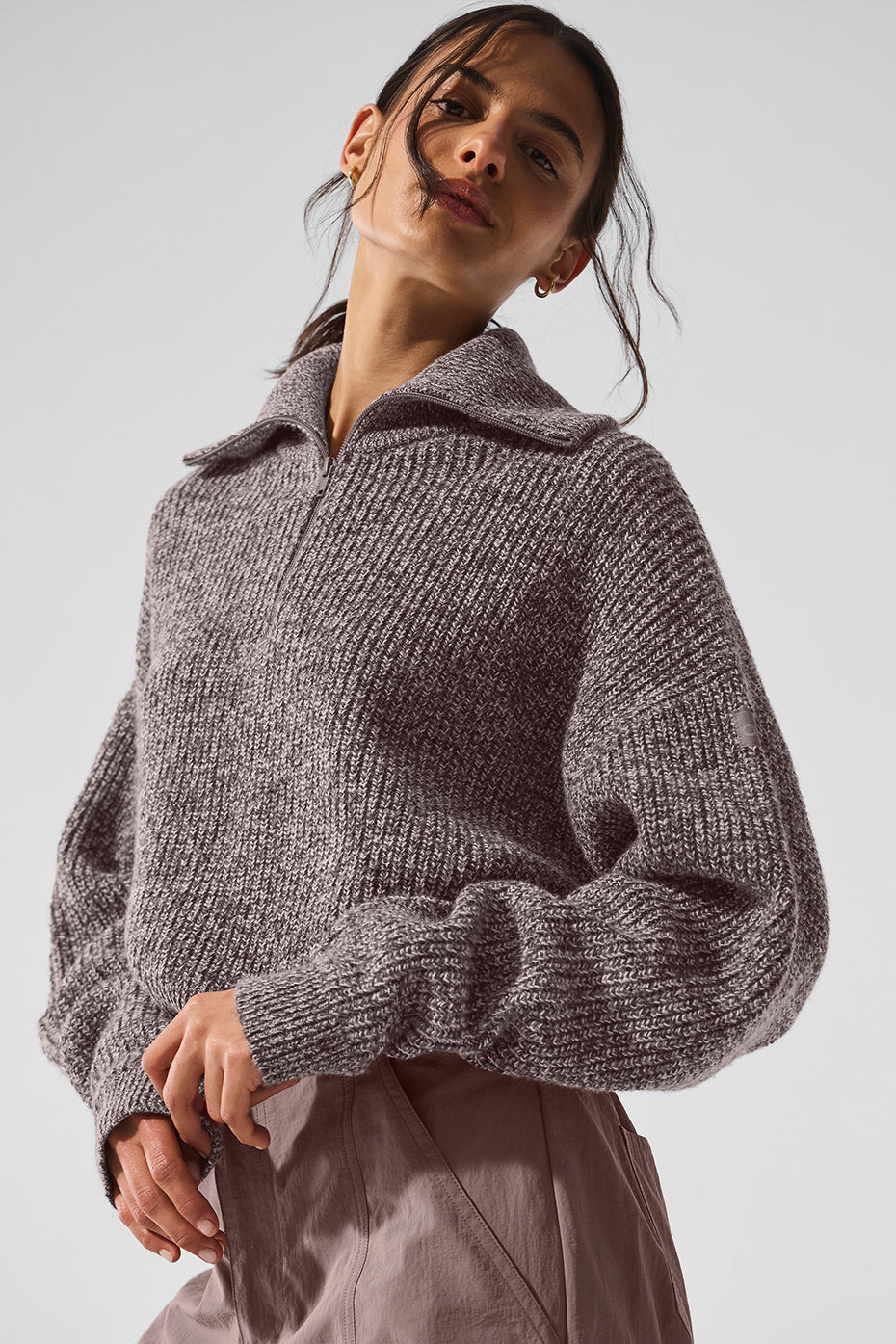 Marl Sweater 1/4 Zip Crew Sweatshirt — Mushroom Marl