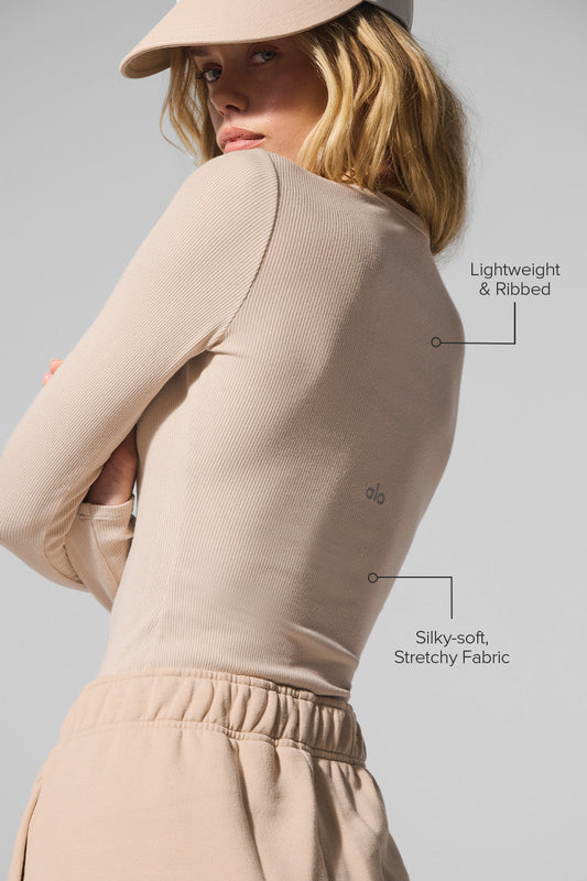 Ribbed Modal Long‑Sleeve — Macadamia
