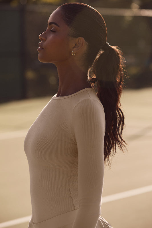 Ribbed Modal Long‑Sleeve — Macadamia