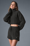 Cable Knit Cropped Winter Bliss Turtleneck Long‑Sleeve — Dark Heather Grey