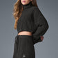 Cable Knit Cropped Winter Bliss Turtleneck Long‑Sleeve — Dark Heather Grey