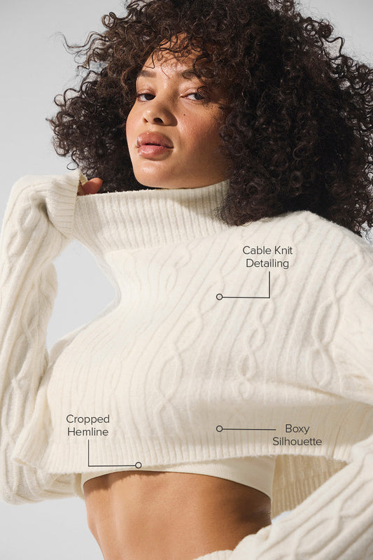 Cable Knit Cropped Winter Bliss Turtleneck Long‑Sleeve — Ivory