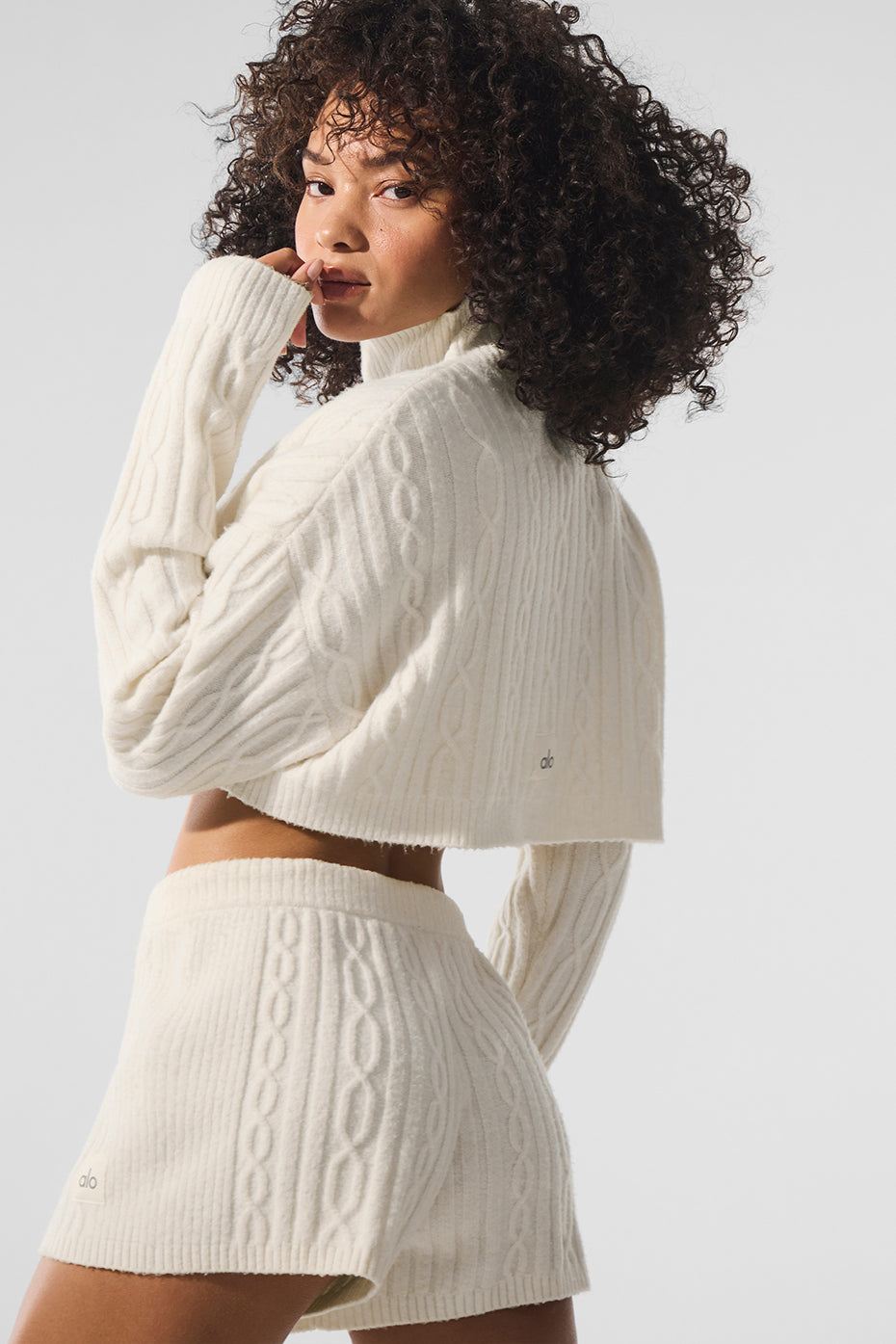 Cable Knit Cropped Winter Bliss Turtleneck Long‑Sleeve — Ivory