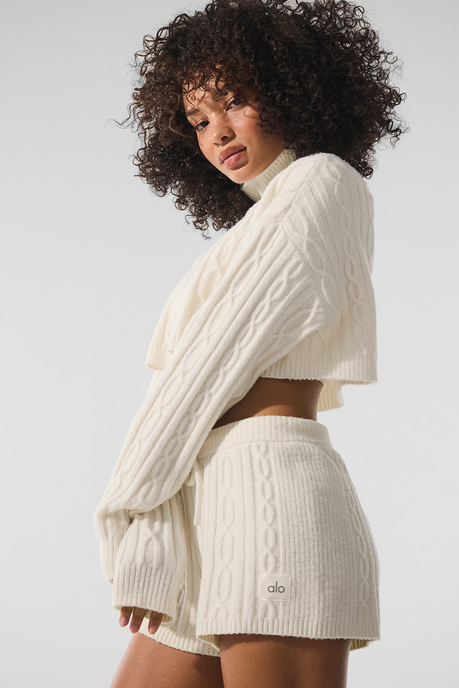 Cable Knit Cropped Winter Bliss Turtleneck Long‑Sleeve — Ivory