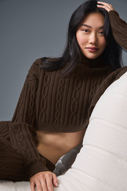 Cable Knit Cropped Winter Bliss Turtleneck Long‑Sleeve — Espresso