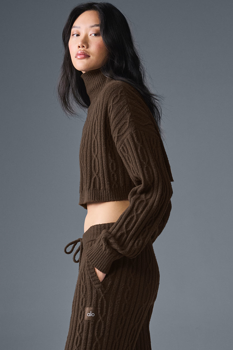 Cable Knit Cropped Winter Bliss Turtleneck Long‑Sleeve — Espresso