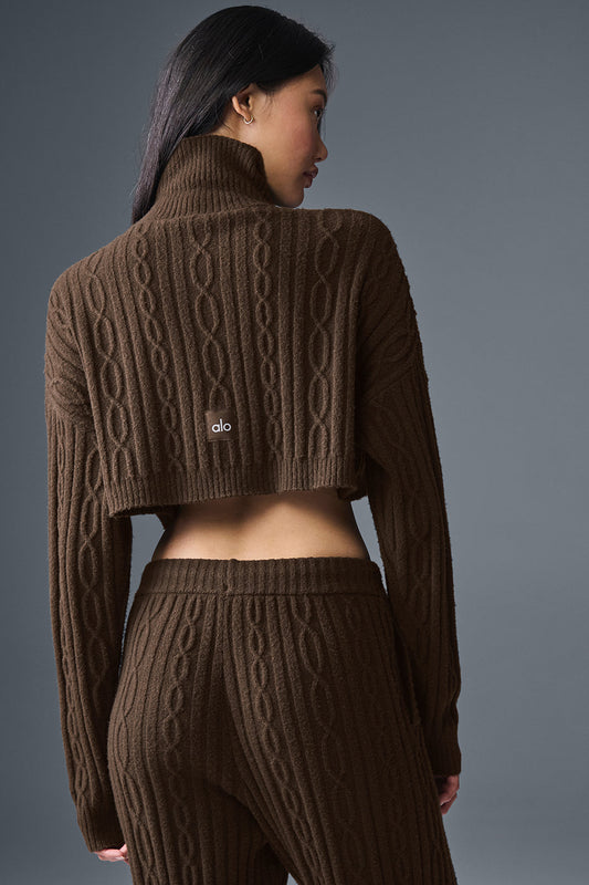 Cable Knit Cropped Winter Bliss Turtleneck Long‑Sleeve — Espresso