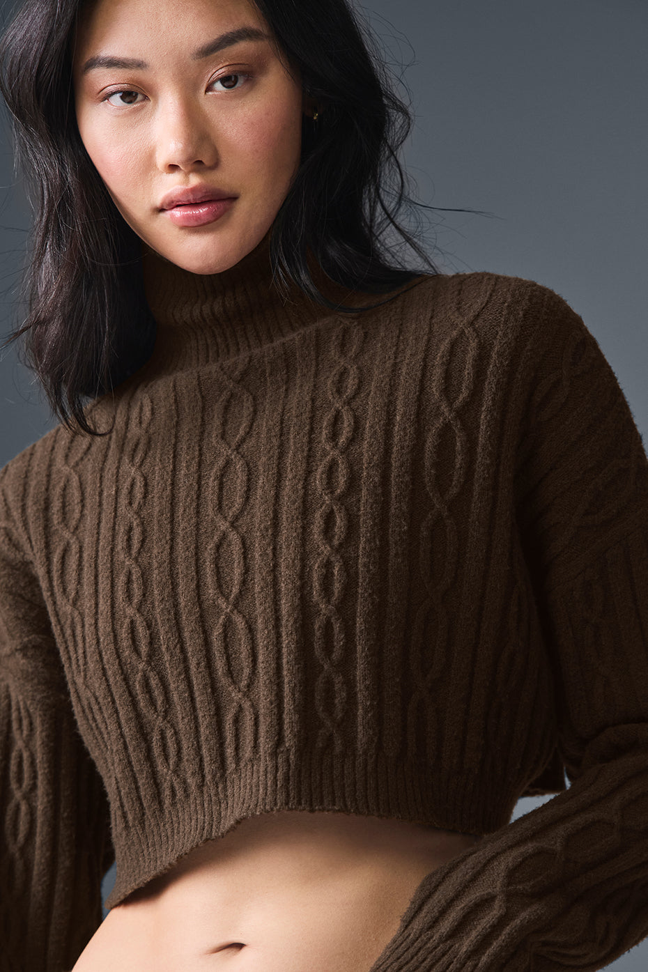 Cable Knit Cropped Winter Bliss Turtleneck Long‑Sleeve — Espresso