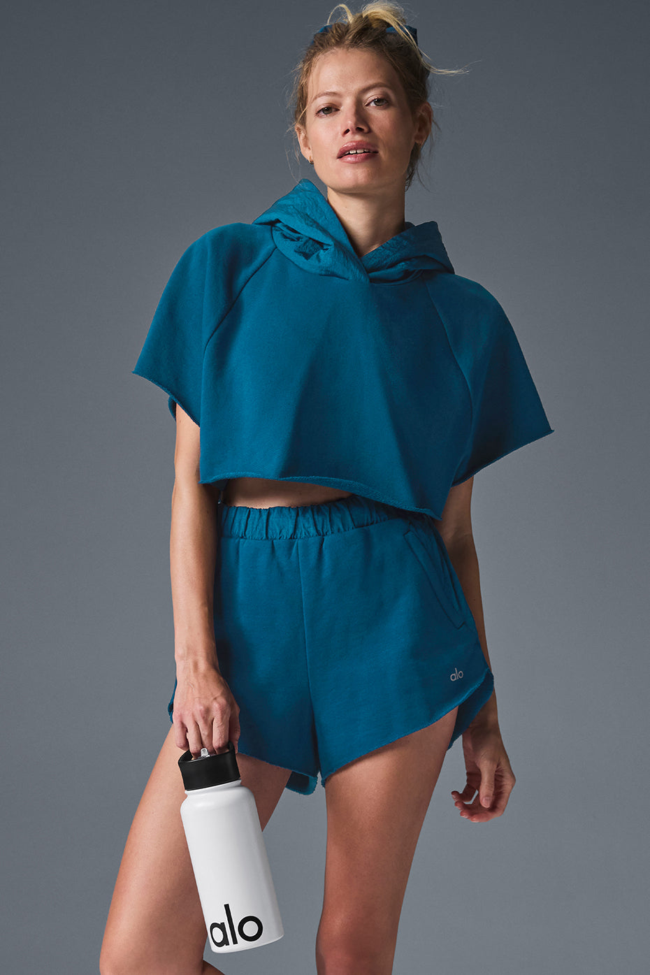 Cropped In The Air Shorts‑Sleeve Hooded Sweatshirt — Eclipse Blue