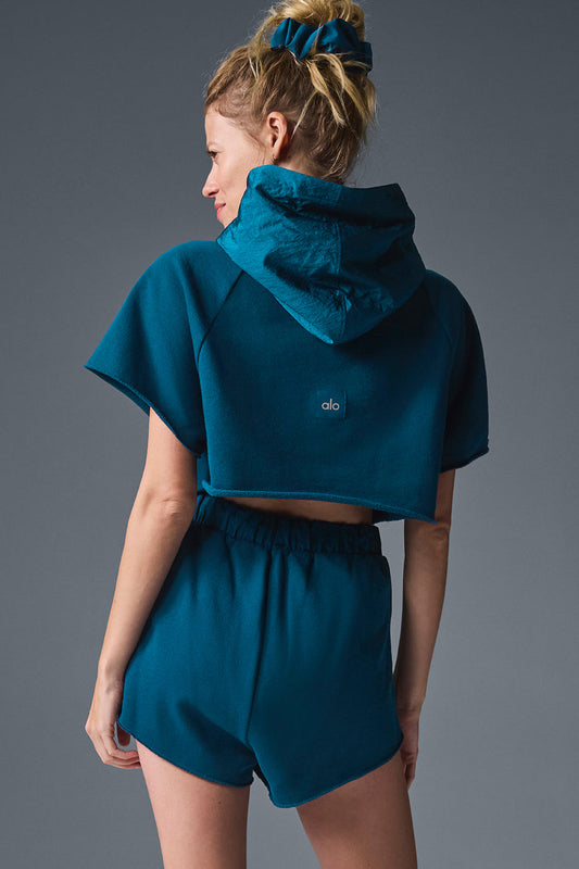 Cropped In The Air Shorts‑Sleeve Hooded Sweatshirt — Eclipse Blue