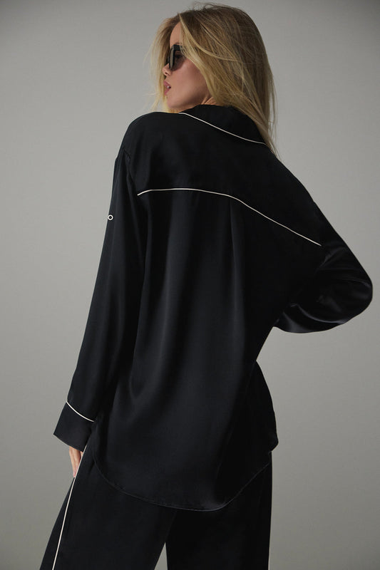 Courchevel Silk Button Down — Black/Ivory