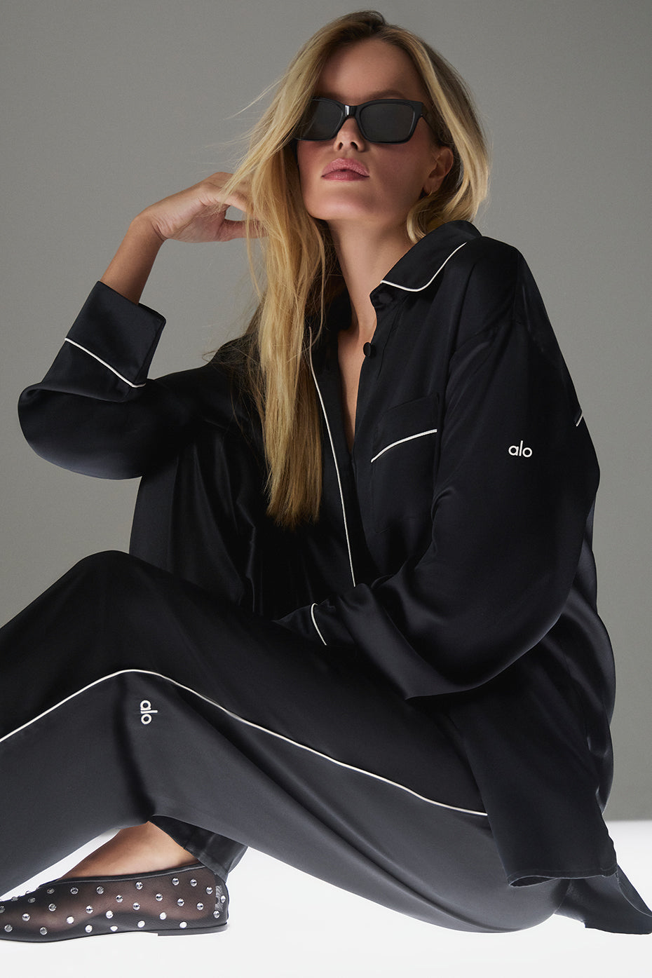 Courchevel Silk Button Down — Black/Ivory