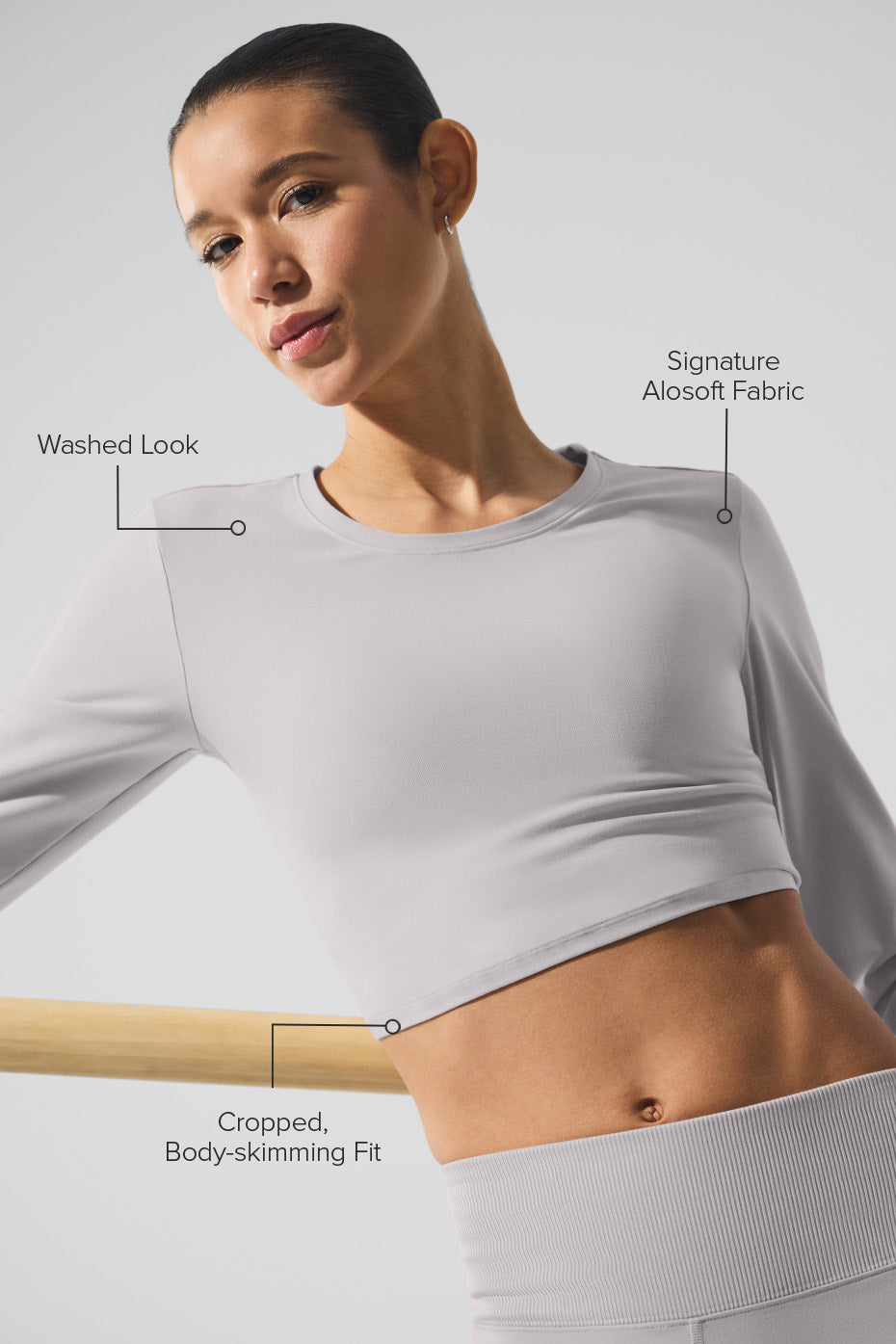 Washed Alosoft Crop Finesse Long‑Sleeve — Grey Sky Wash