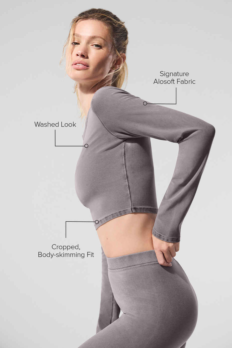 Washed Alosoft Crop Finesse Long‑Sleeve — Cool Grey Wash