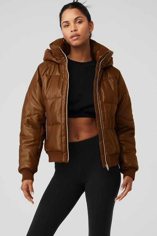 Faux Leather Boss Puffer — Cinnamon Brown