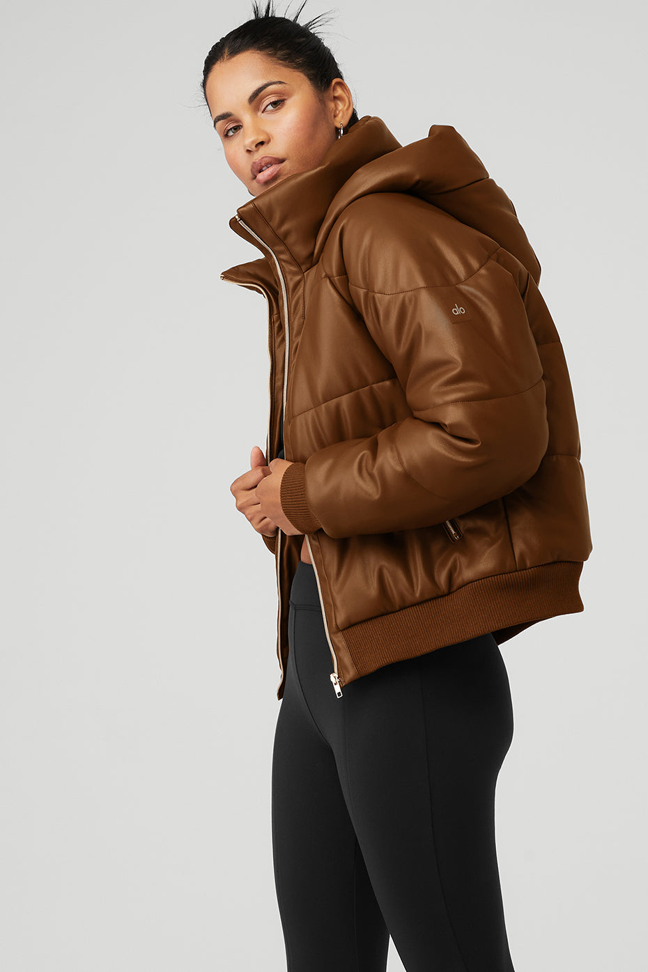 Faux Leather Boss Puffer — Cinnamon Brown