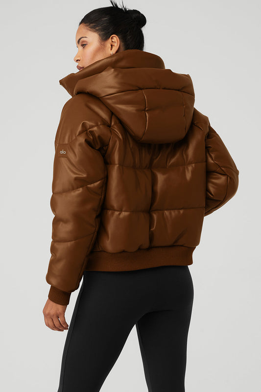 Faux Leather Boss Puffer — Cinnamon Brown