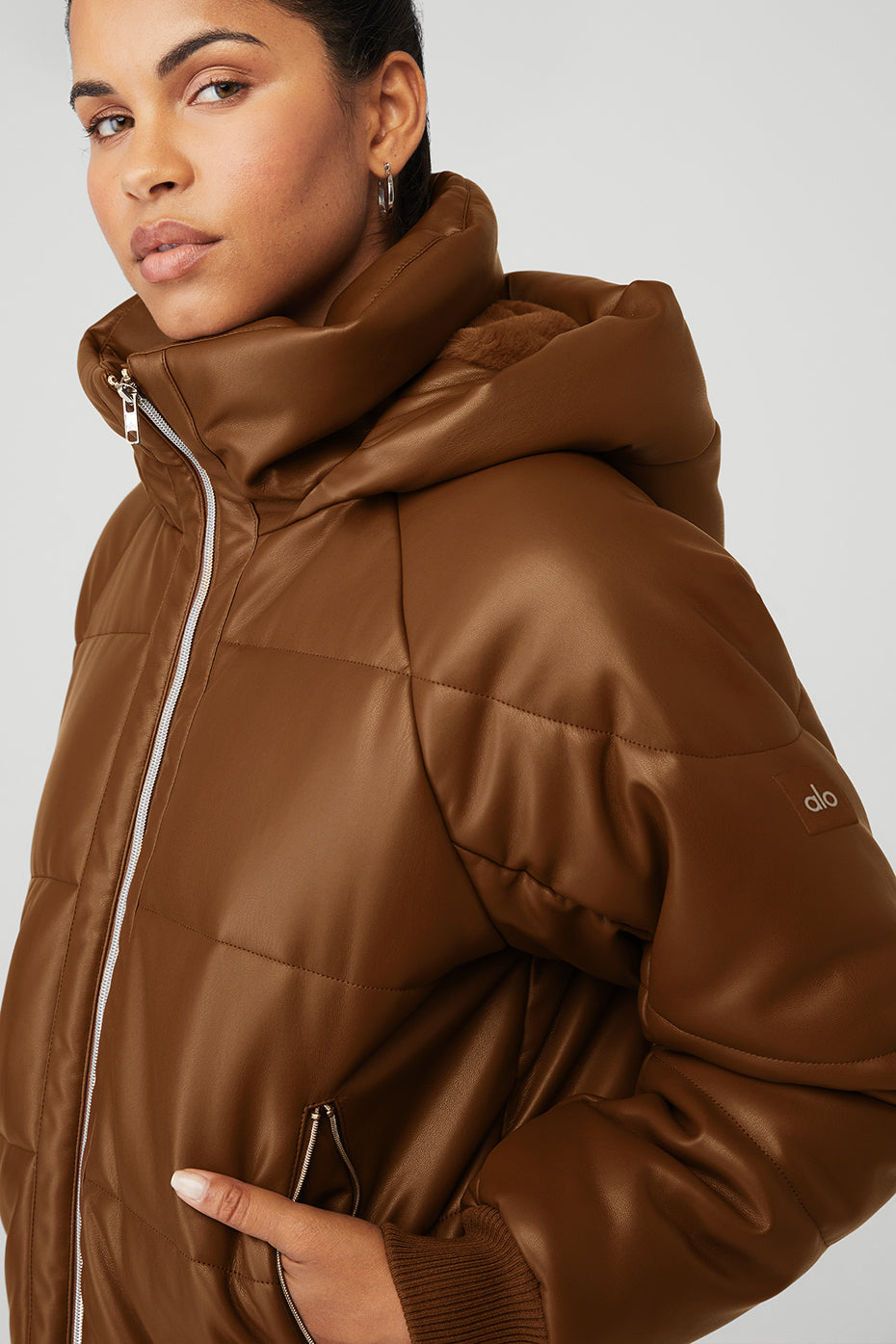 Faux Leather Boss Puffer — Cinnamon Brown