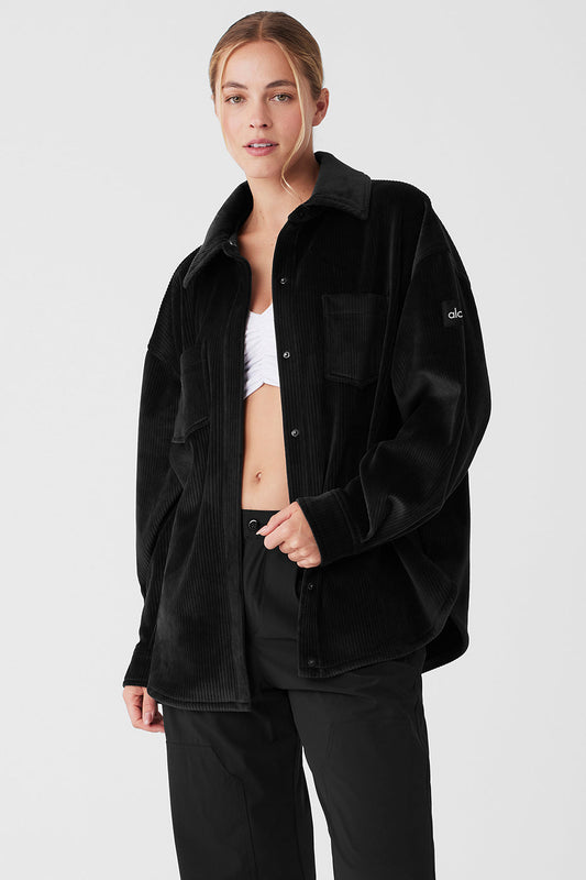 Ribbed Velour Mountain Side Shacket — Black