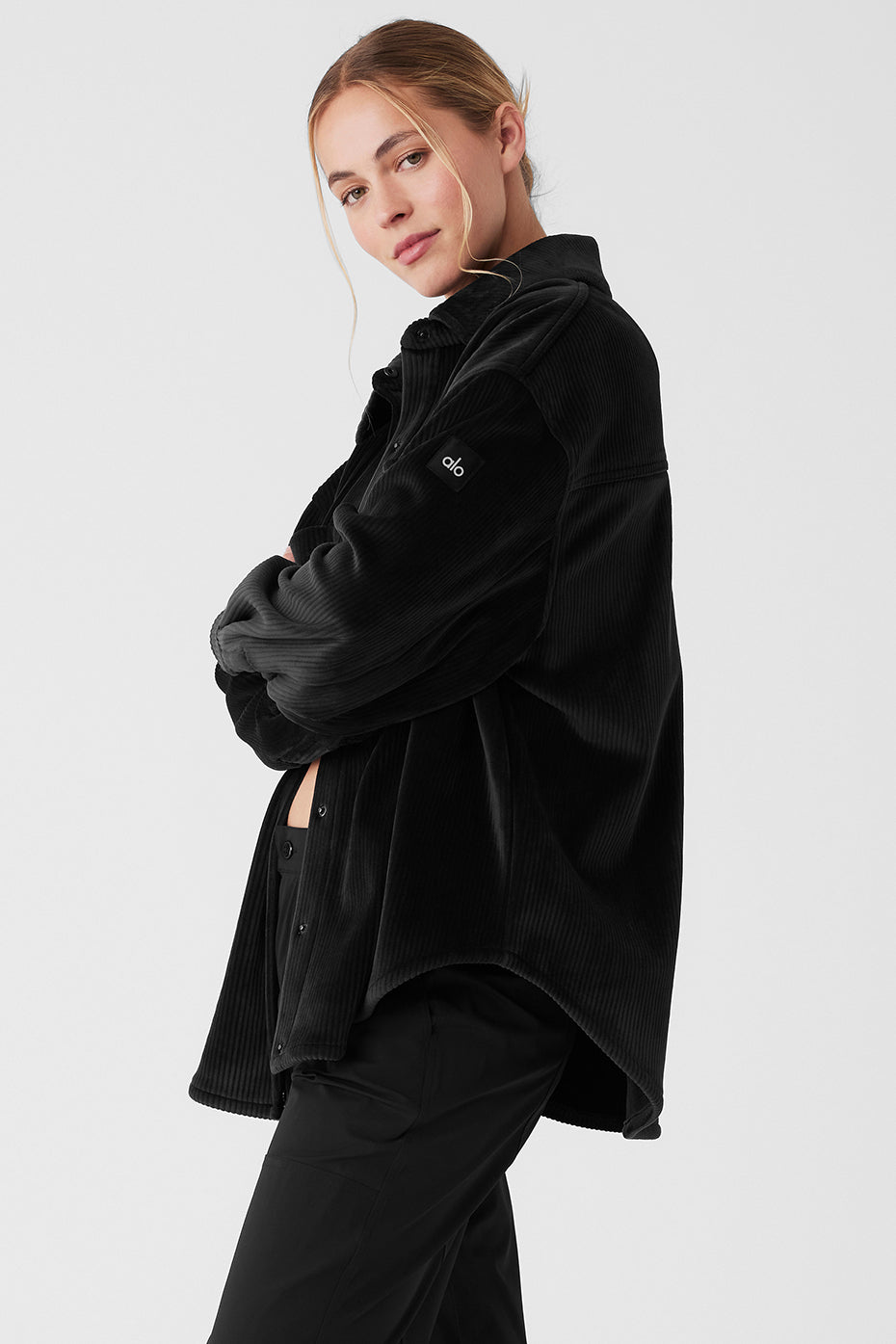 Ribbed Velour Mountain Side Shacket — Black