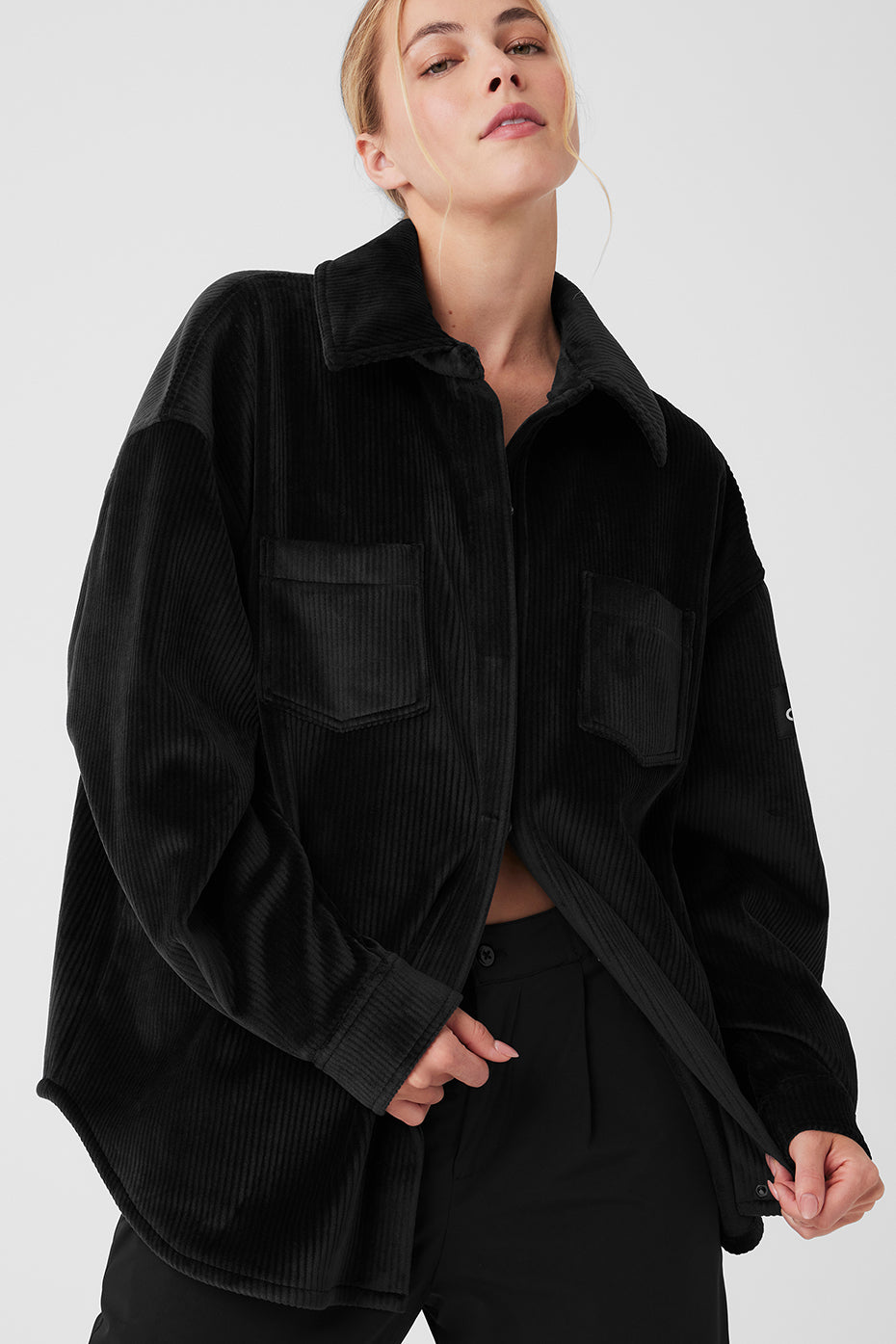 Ribbed Velour Mountain Side Shacket — Black