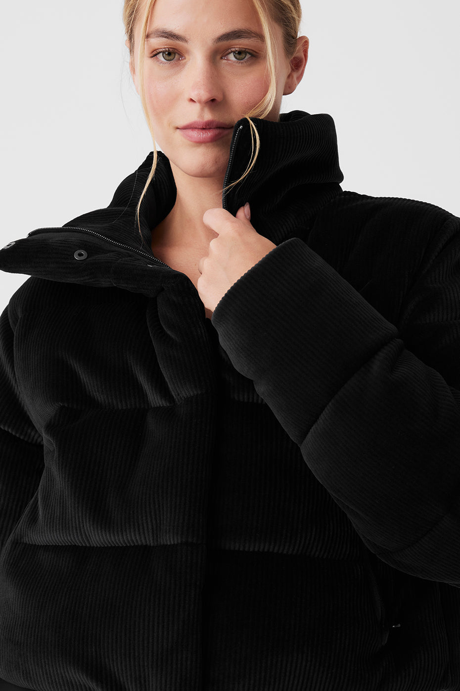 Ribbed Velour Gold Rush Puffer — Black