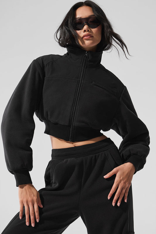 Polar Fleece Cropped Wintry Mix Zip Jacket — Black