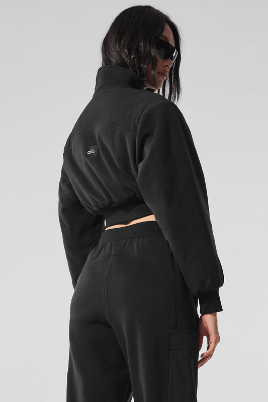Polar Fleece Cropped Wintry Mix Zip Jacket — Black