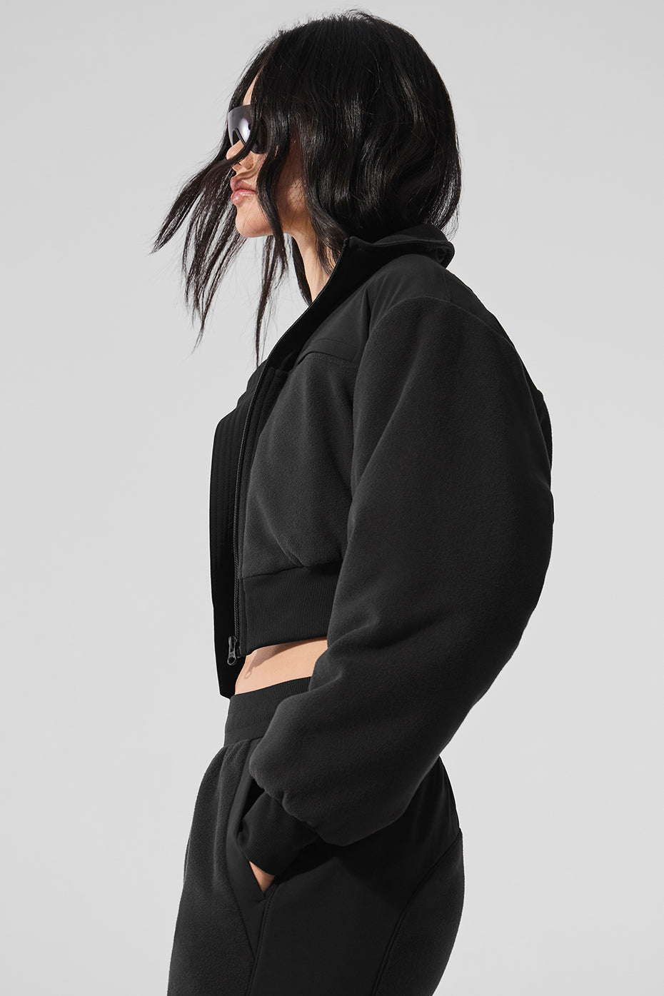 Polar Fleece Cropped Wintry Mix Zip Jacket — Black
