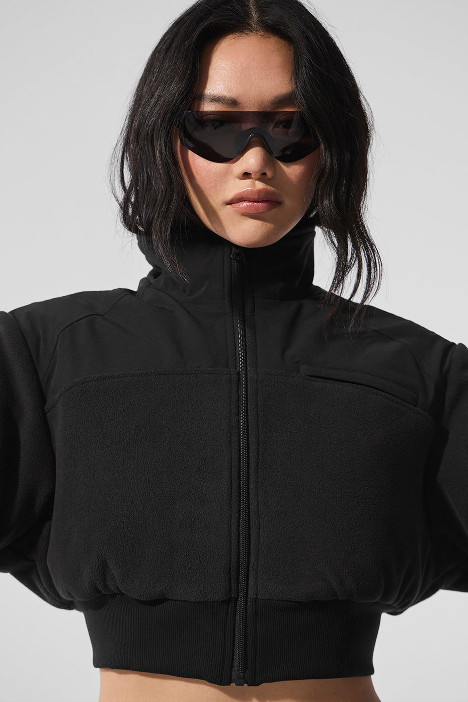 Polar Fleece Cropped Wintry Mix Zip Jacket — Black