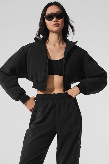Polar Fleece Cropped Wintry Mix Zip Jacket — Black