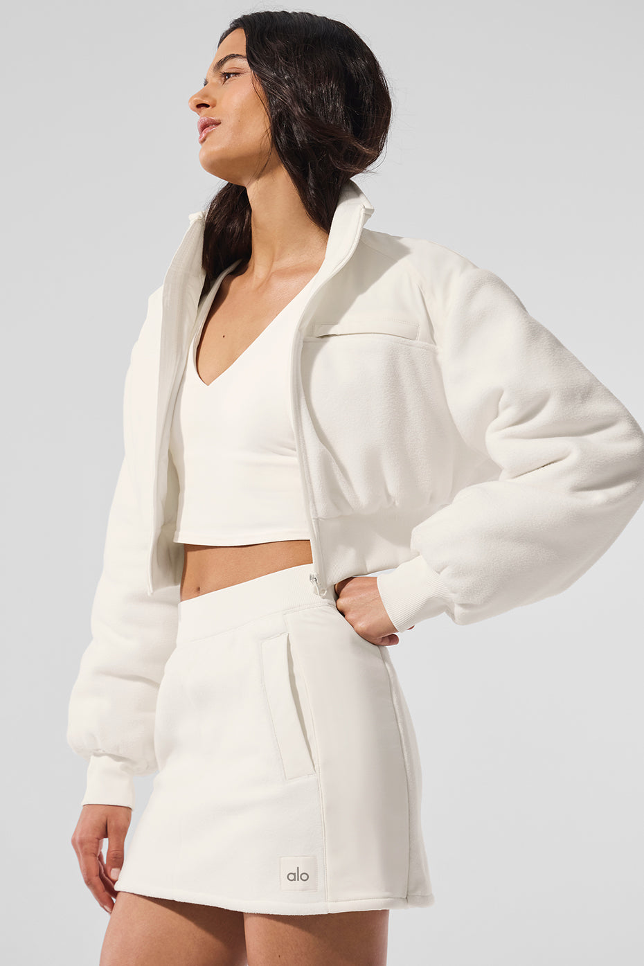 Polar Fleece Cropped Wintry Mix Zip Jacket — Ivory