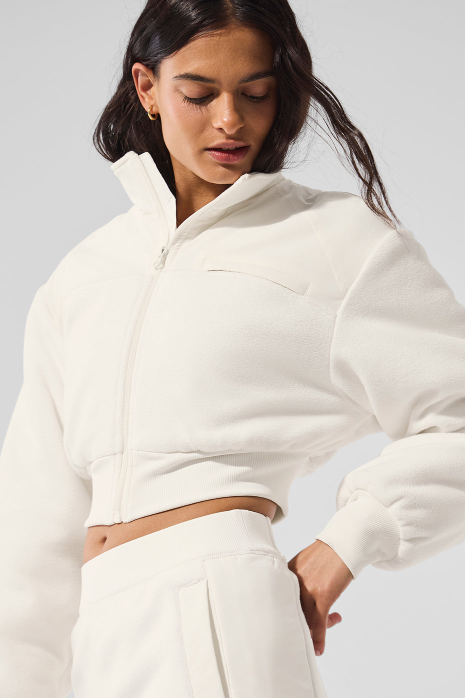 Polar Fleece Cropped Wintry Mix Zip Jacket — Ivory