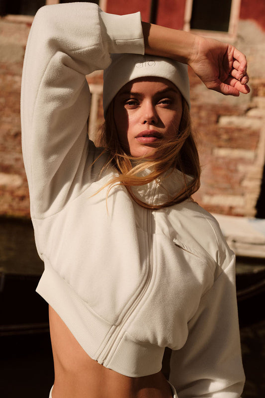 Polar Fleece Cropped Wintry Mix Zip Jacket — Ivory