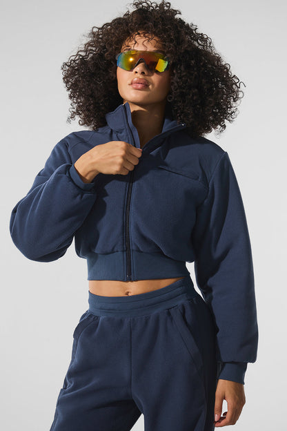 Polar Fleece Cropped Wintry Mix Zip Jacket — Navy