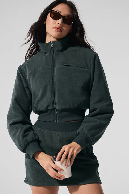 Polar Fleece Cropped Wintry Mix Zip Jacket — Charcoal Green