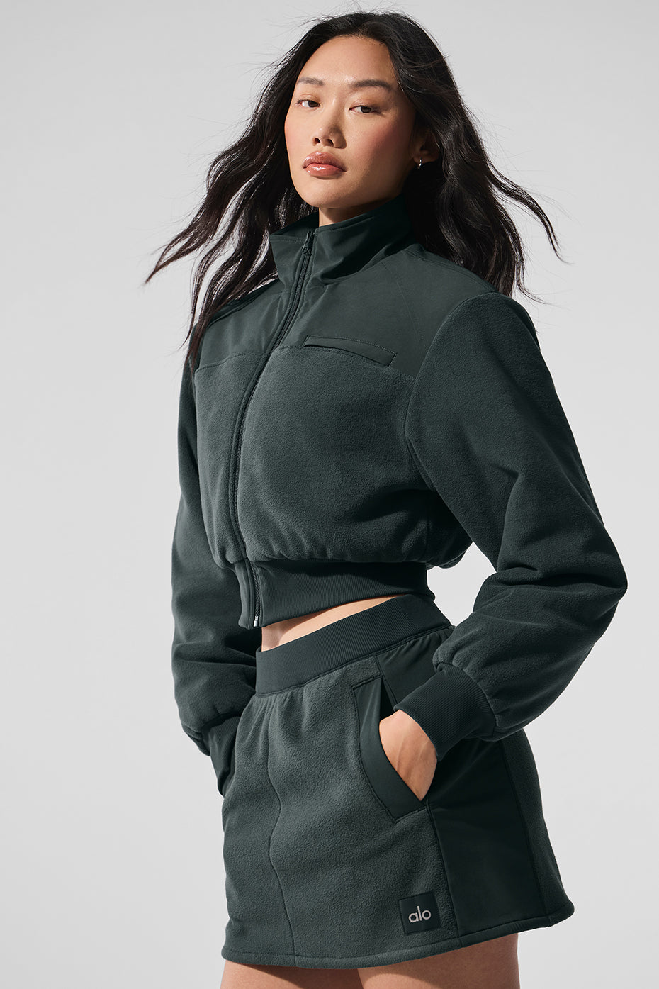 Polar Fleece Cropped Wintry Mix Zip Jacket — Charcoal Green