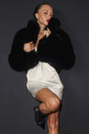Opulent Faux Fur Cropped Zip Jacket — Black