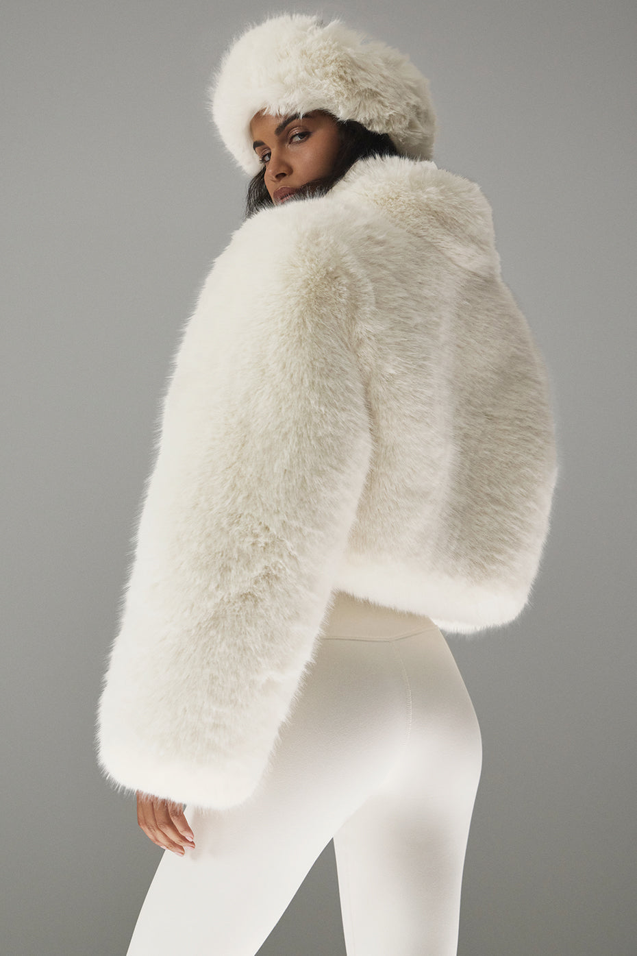 Opulent Faux Fur Cropped Zip Jacket — Ivory