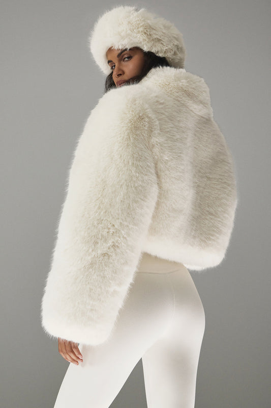 Opulent Faux Fur Cropped Zip Jacket — Ivory