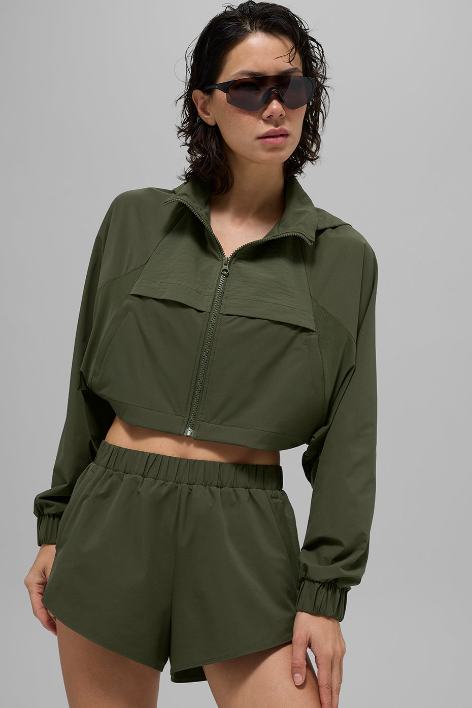 Cropped Playmaker Zip Jacket — Green Olive