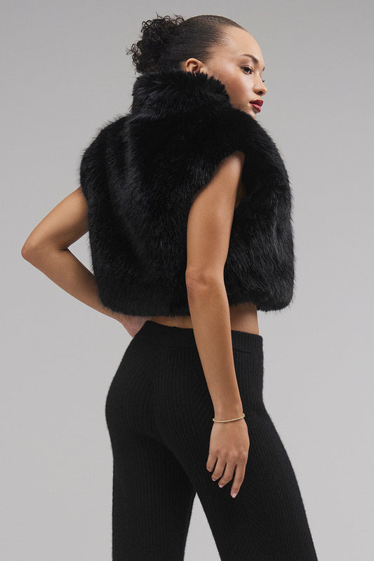 Opulent Faux Fur Cropped Vest — Black