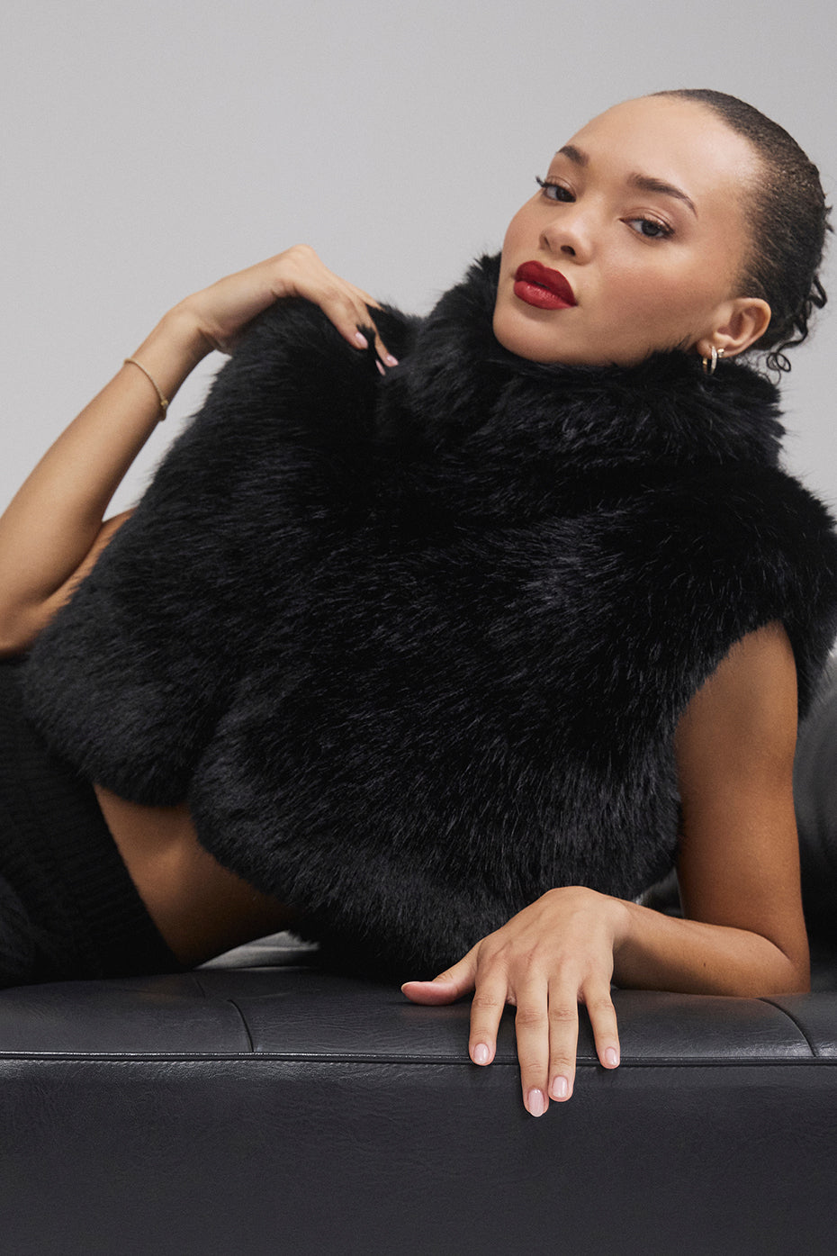 Opulent Faux Fur Cropped Vest — Black