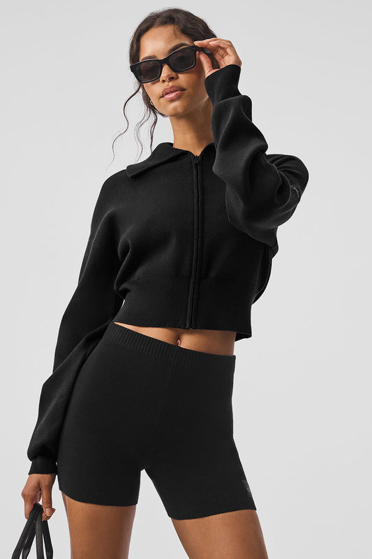 Scholar Knit Cropped Full Zip Zip Jacket — Black