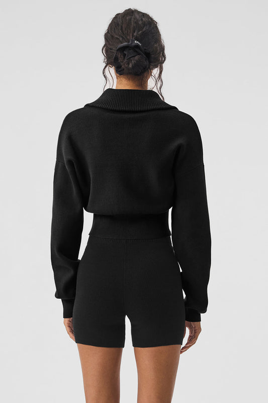 Scholar Knit Cropped Full Zip Zip Jacket — Black