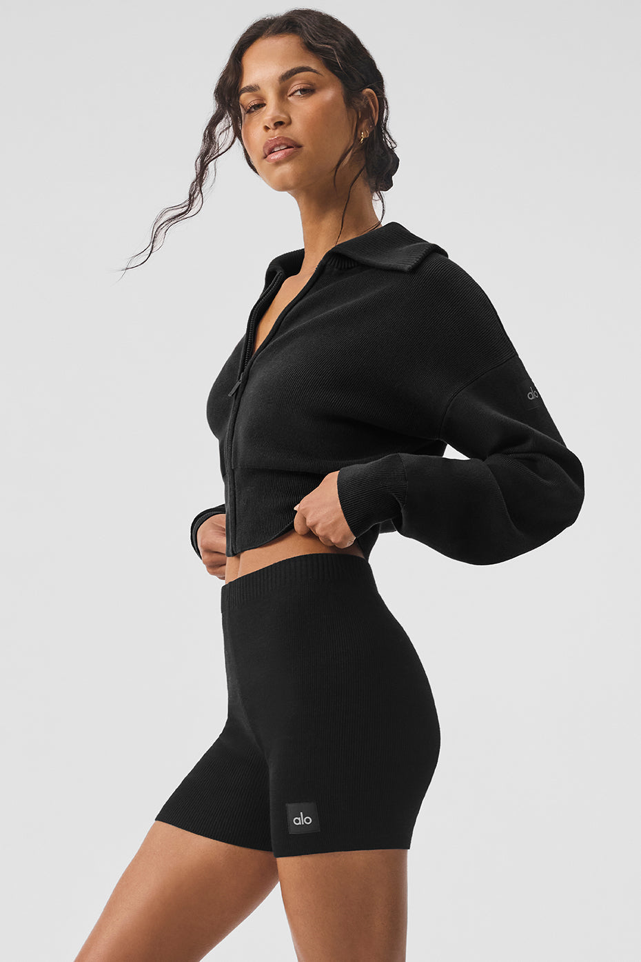 Scholar Knit Cropped Full Zip Zip Jacket — Black